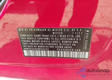 2012 Volkswagen Jetta 2.0L S z USA, uszkodzony, nr VIN 3VW2K7AJXCM353542